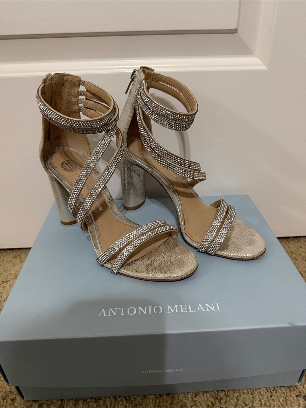 Antonio Melani Silver Rhinestone Strappy Block High Heels